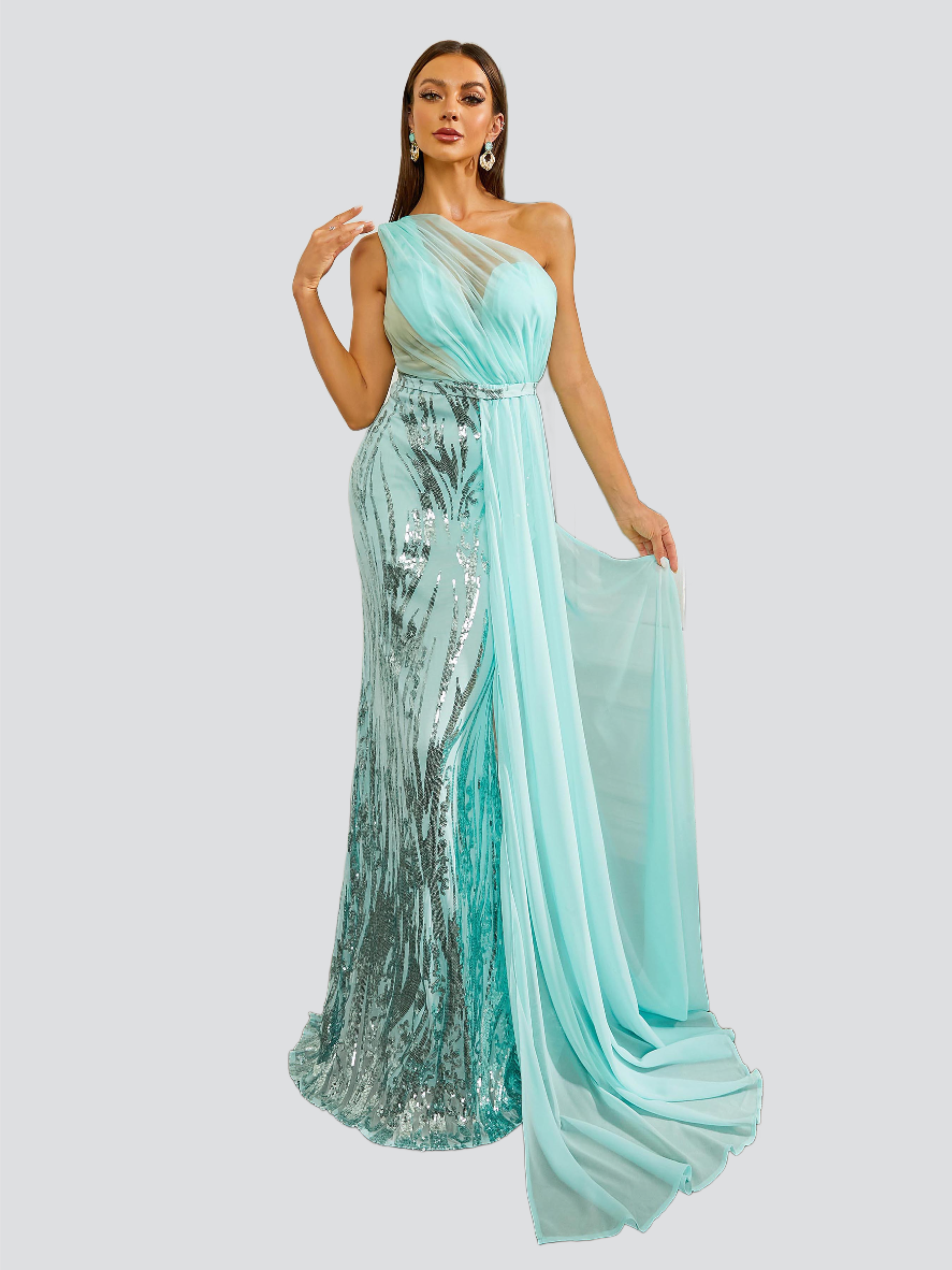 One Shoulder Panel Sequin Mermaid Dress RM20226