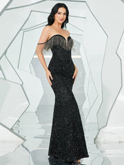 Mermaid Sequins Fringed Black Evening Dress