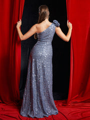 One Shoulder Mermaid Hem Sequin Grey Formal Dress XJ913