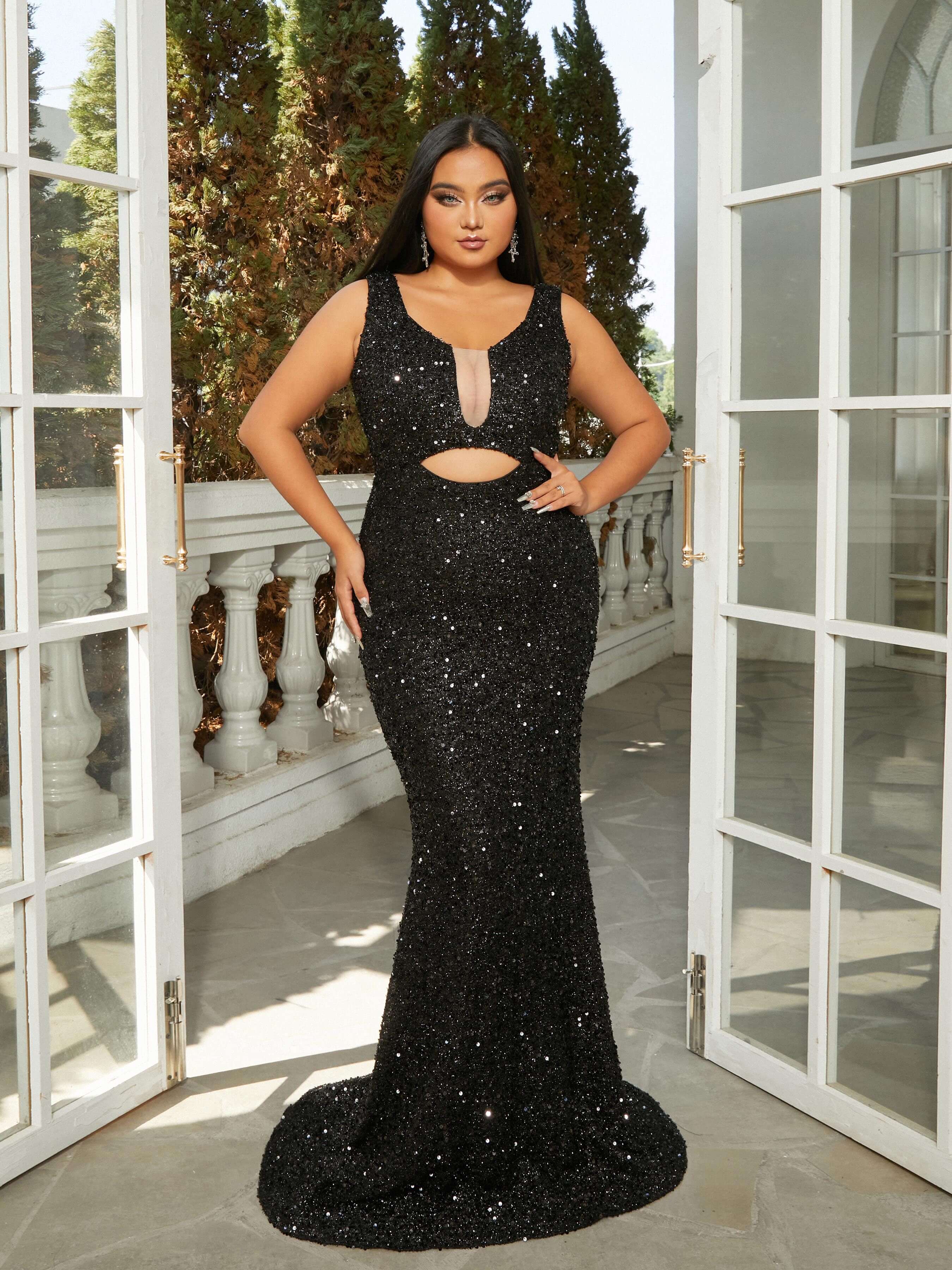 MISSORD Plus Size Cutout V-neck Mermaid Sequin Prom Dress