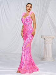 Mesh Straps Pink Sequin Maxi Dress RJ11642