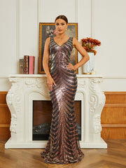 V-Neck Backless Mermaid Sleeveless Sequin Evening Dress RM20645