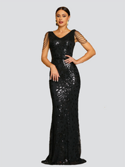 V Neck Sequin Bead Chain Mermaid Dress M02194