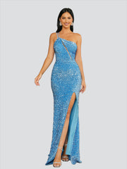 High Split Cutout Blue Sequin Prom Dress RA60024