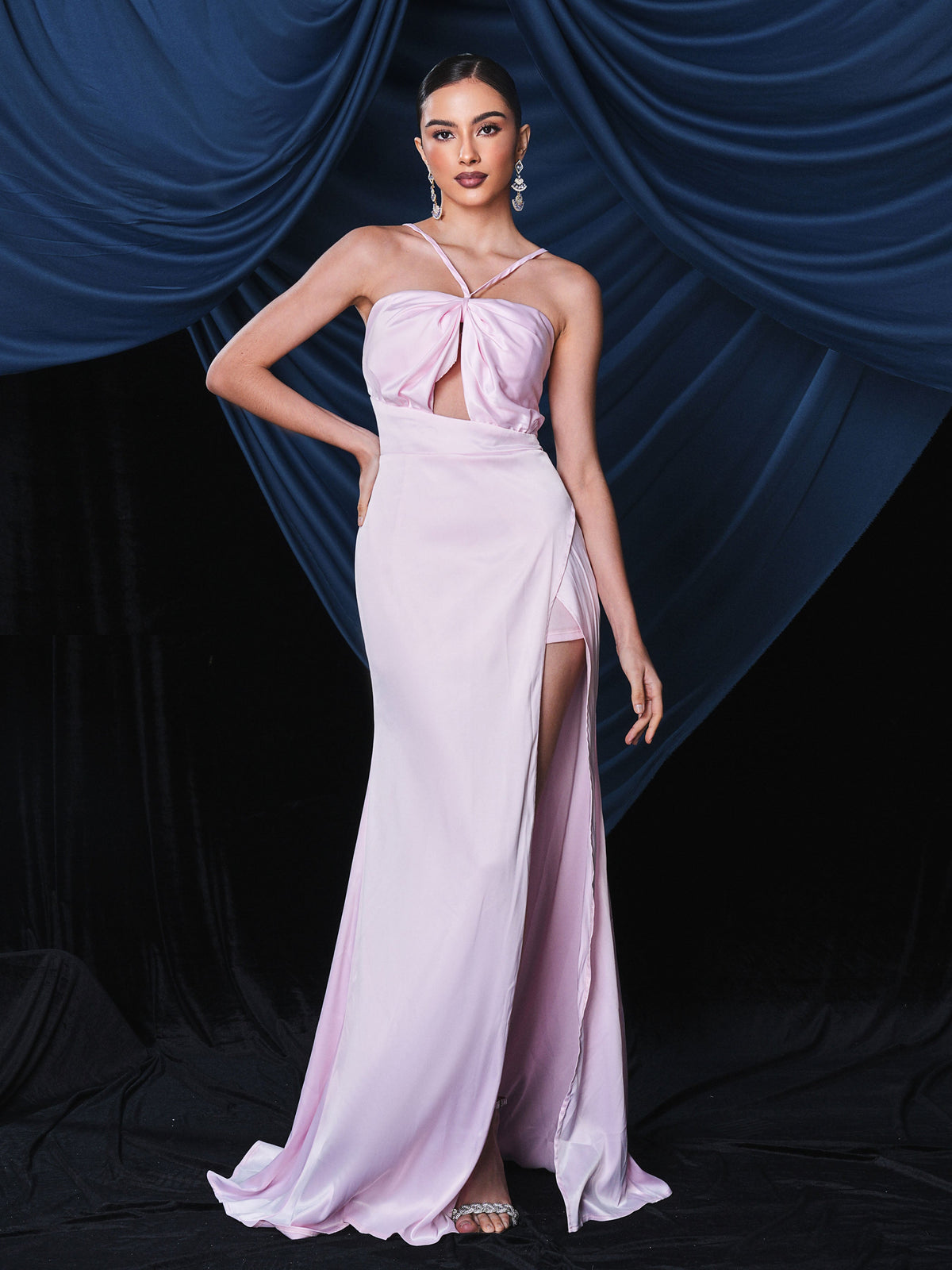 Halter Cutout Split Pink Satin Dress RJ11506