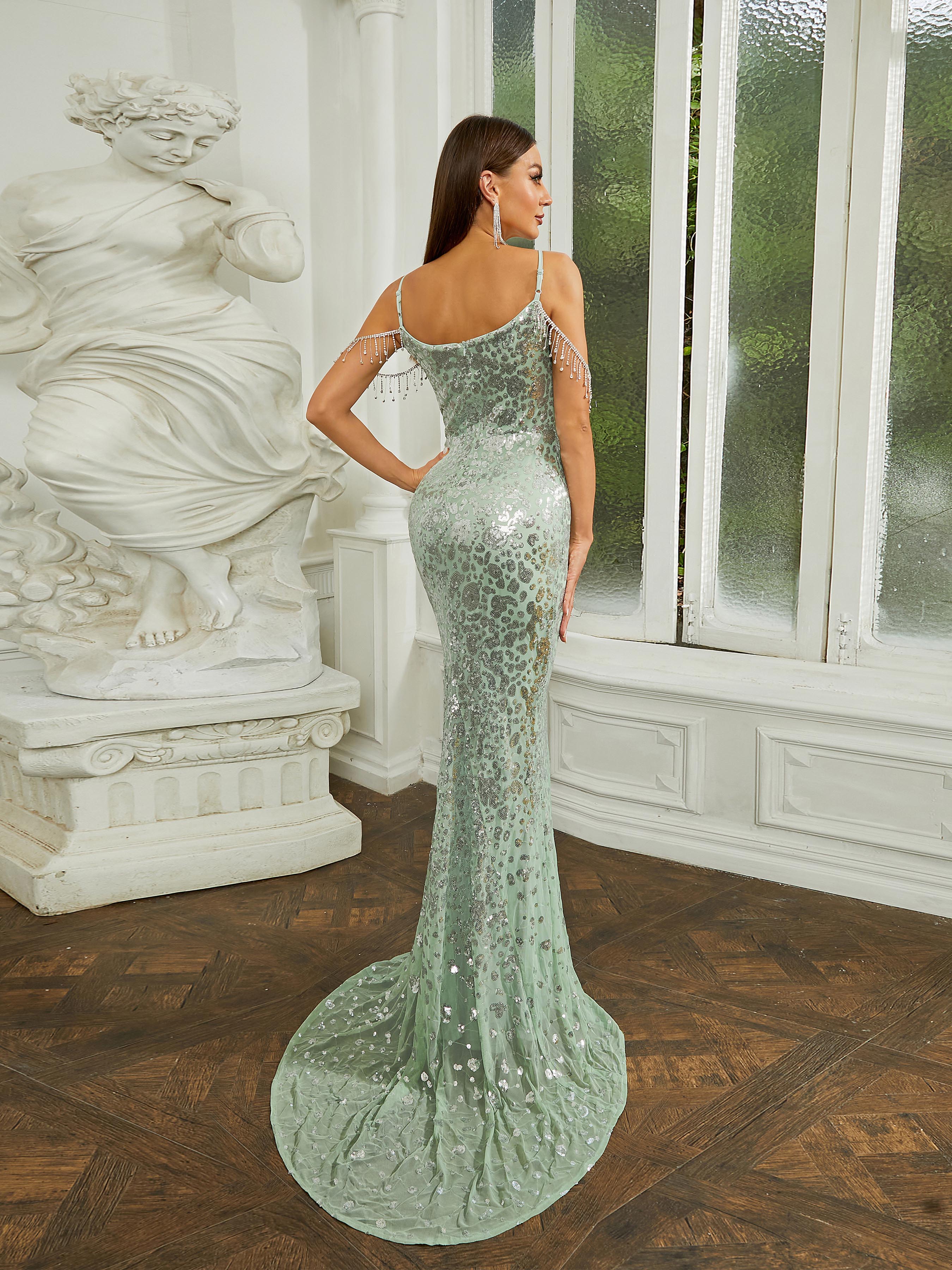 Spaghetti Straps Beads Chain Green Sequin Formal Dress RM20010