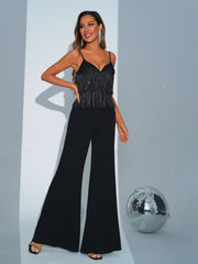 MISSORD Spaghetti Straps Fringed Backless Black Jumpsuits