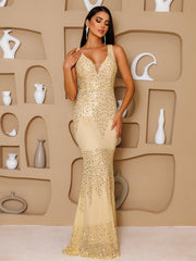 V-neck Mermaid Yellow Sequin Formal Dress RM21104