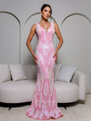 V-neck Backless Pink Sequin Mermaid Dress RJ11790