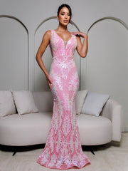 V-neck Backless Pink Sequin Mermaid Dress RJ11790