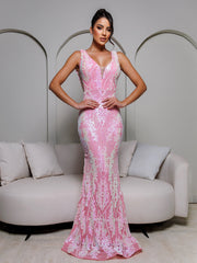 V-neck Backless Pink Sequin Mermaid Dress RJ11790