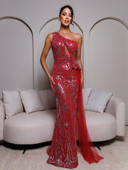 One Shoulder Ribbon Sequin Maxi Dress RM21007