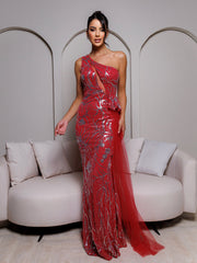 One Shoulder Ribbon Sequin Maxi Dress RM21007