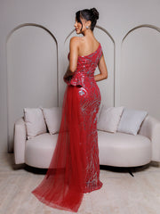 One Shoulder Ribbon Sequin Maxi Dress RM21007