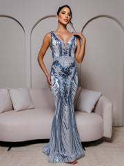 V-neck Sleeveless Mermaid Blue Sequin Formal Dress RM21551