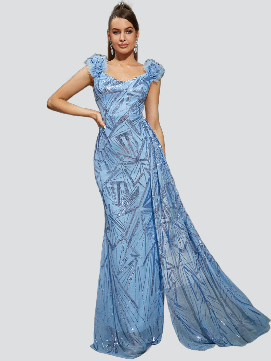 Sleeveless Ribbon Sequin Mermaid Blue Dress M02171