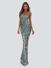 Strap V Neck Mermaid Sequin Maxi Prom Dress M0808