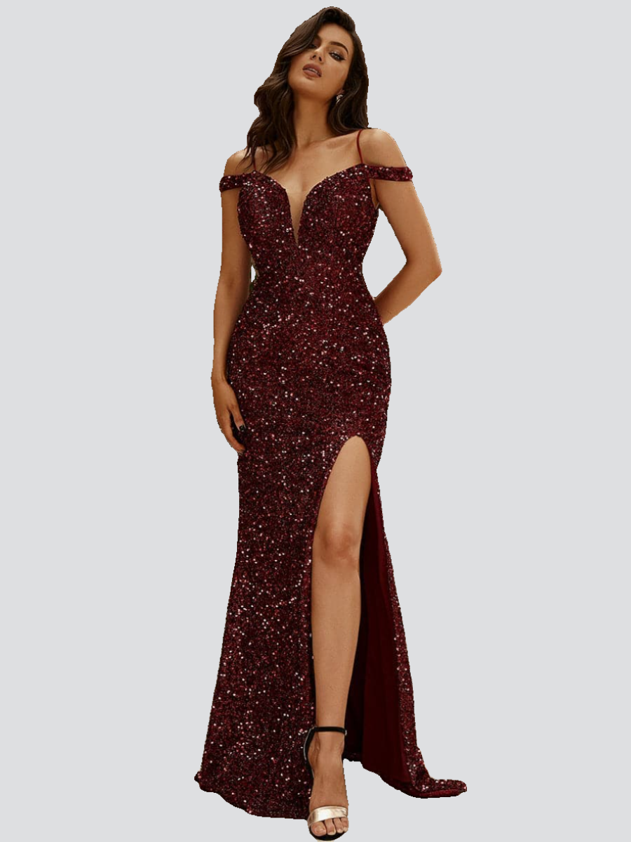 Spaghetti Strap Burgundy Prom Dress XH2483