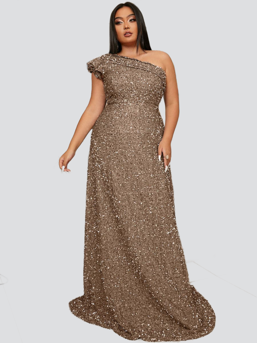 Plus One Shoulder A-Line Sequin Evening Dress PXJ913