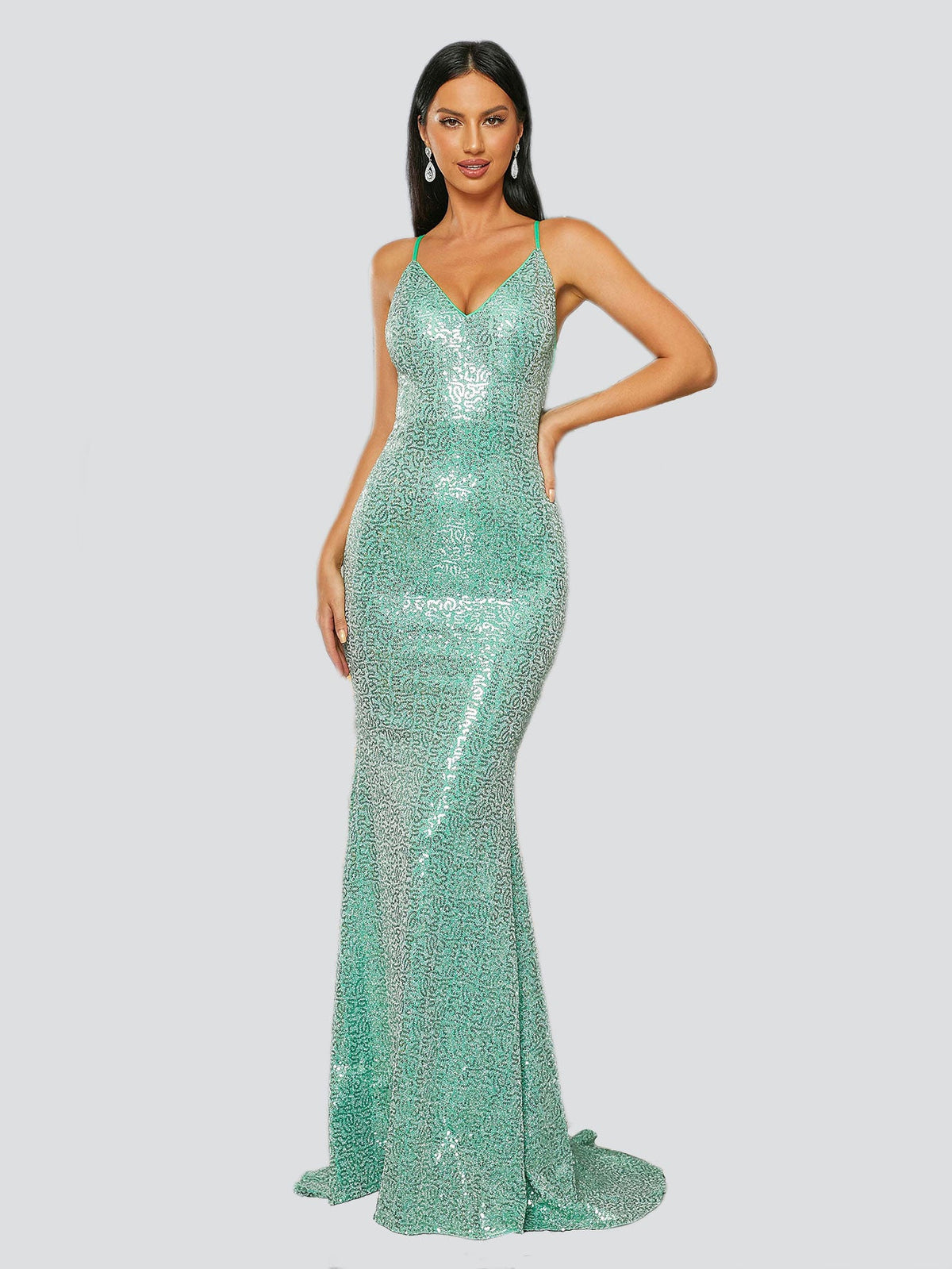 V-neck Spaghetti Straps Open Back Green Evening Dress RH30591