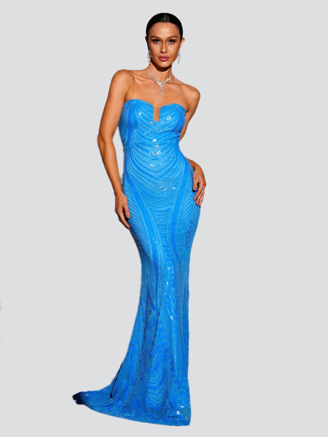 Tube Top Mermaid Bodycon Blue Sequin Gown RJ11315