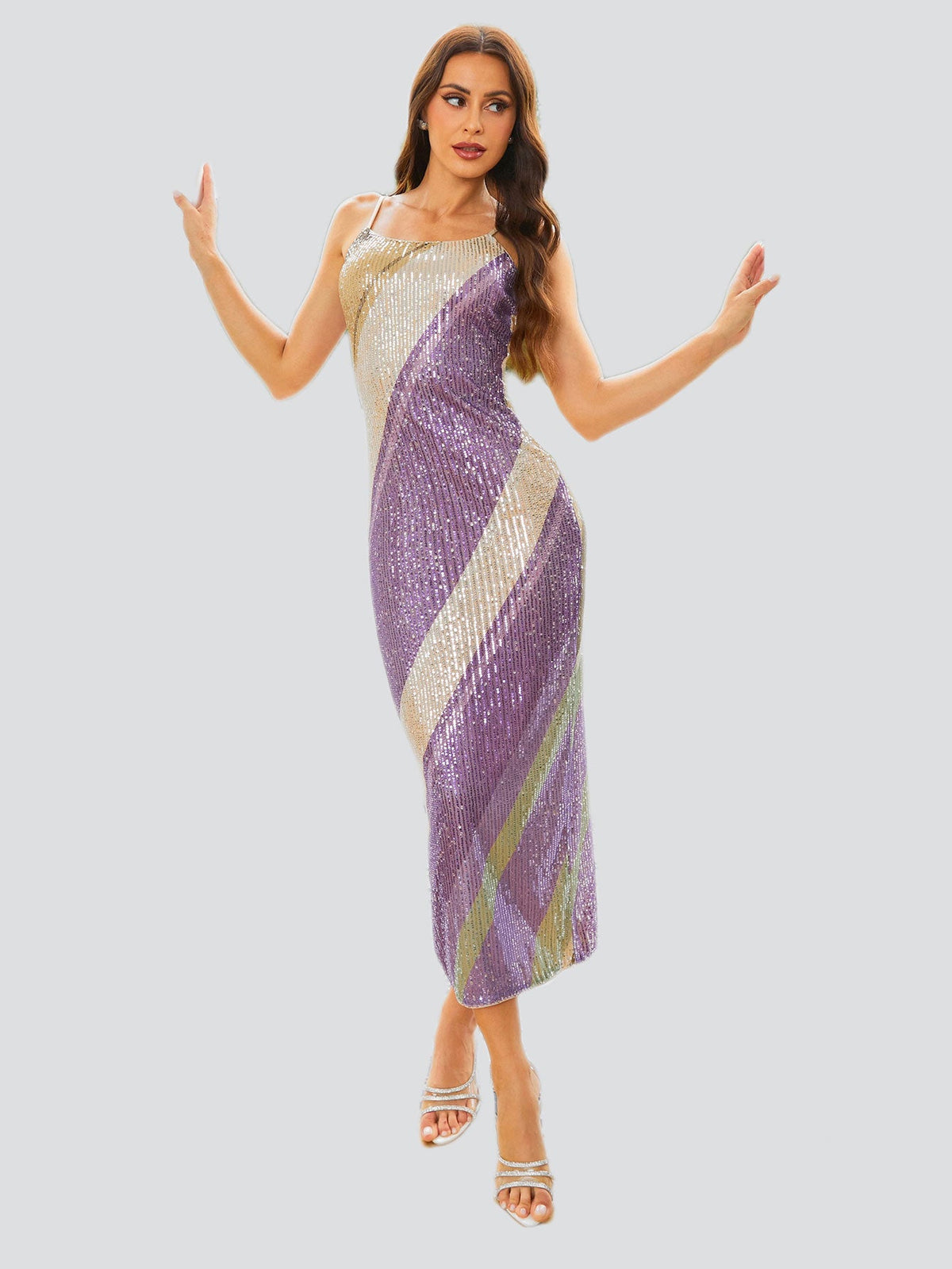 Spaghetti Straps Sequin Purple Midi Dress RM20865