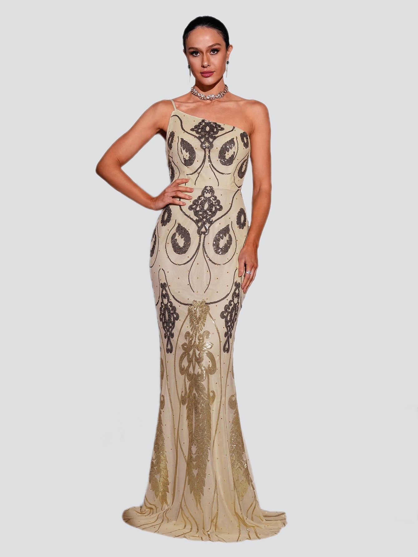 One Shoulder Spaghetti Graphic Prom Dress RM21504