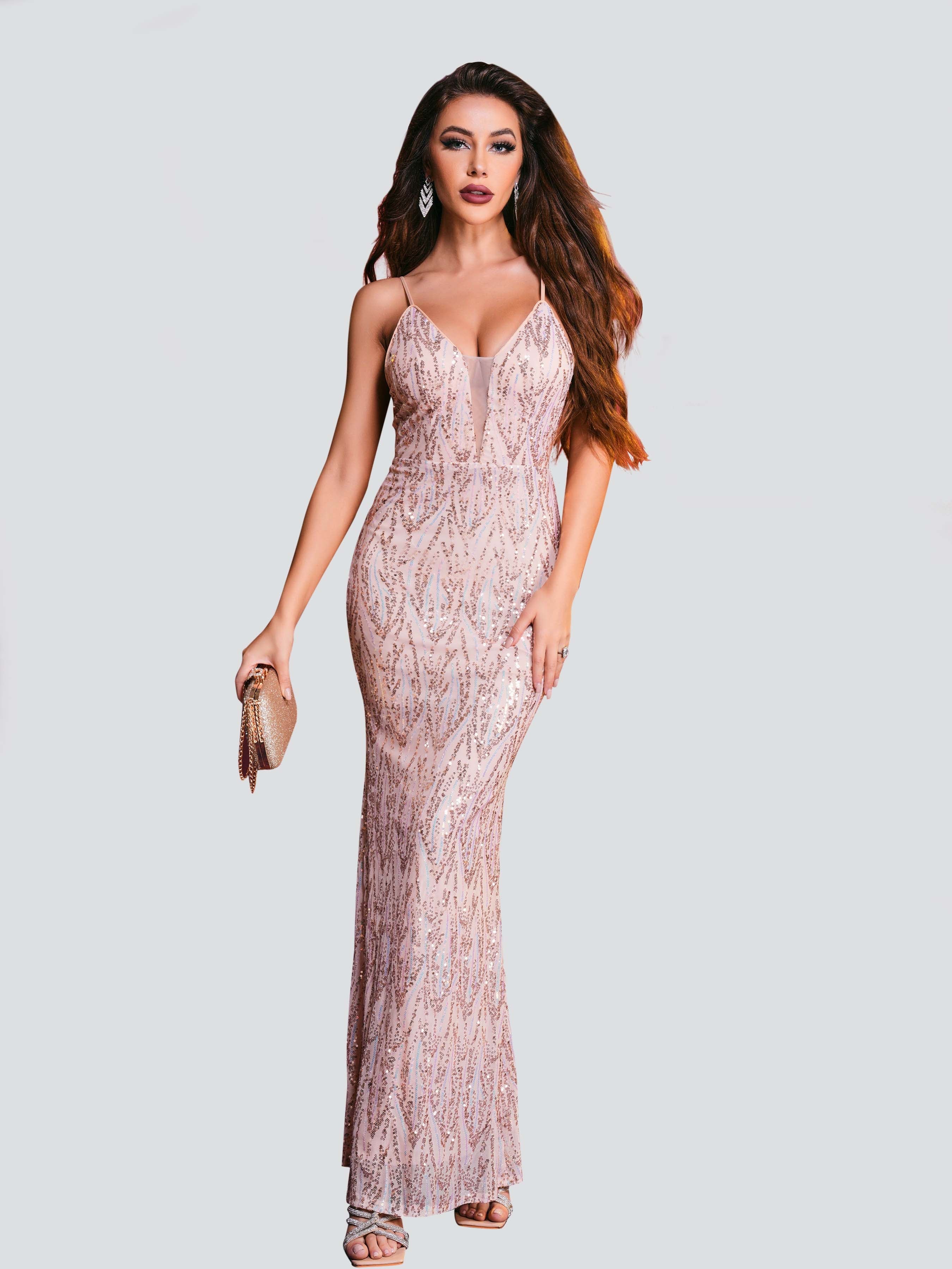 V-neck Sleeveless Sequin Maxi Dress XH1589