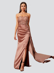 Tube Top High Split Satin Prom Dress XH1964