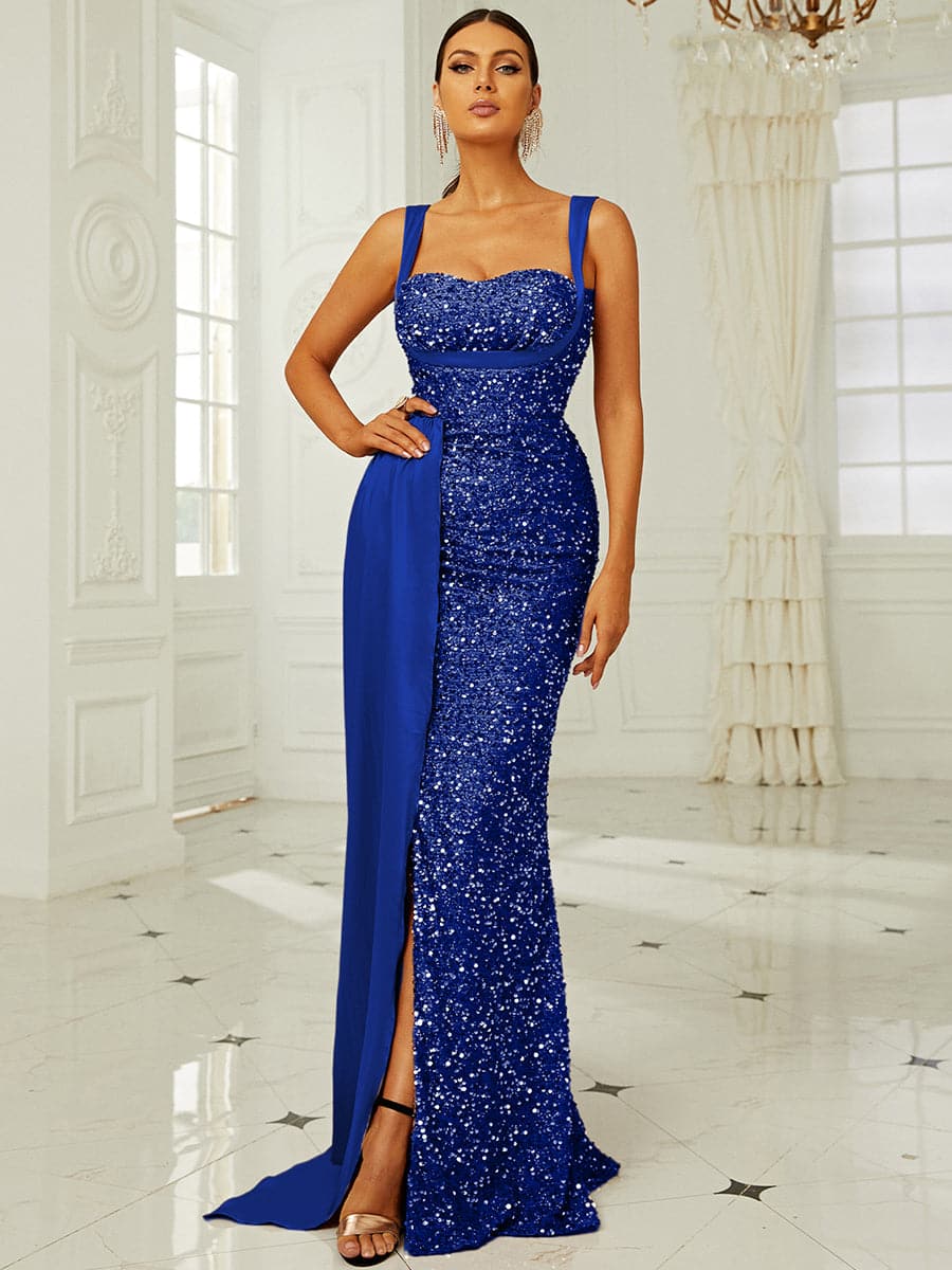 Elegant High Waist Ribbon Sequin Maxi Prom Dress XH2162