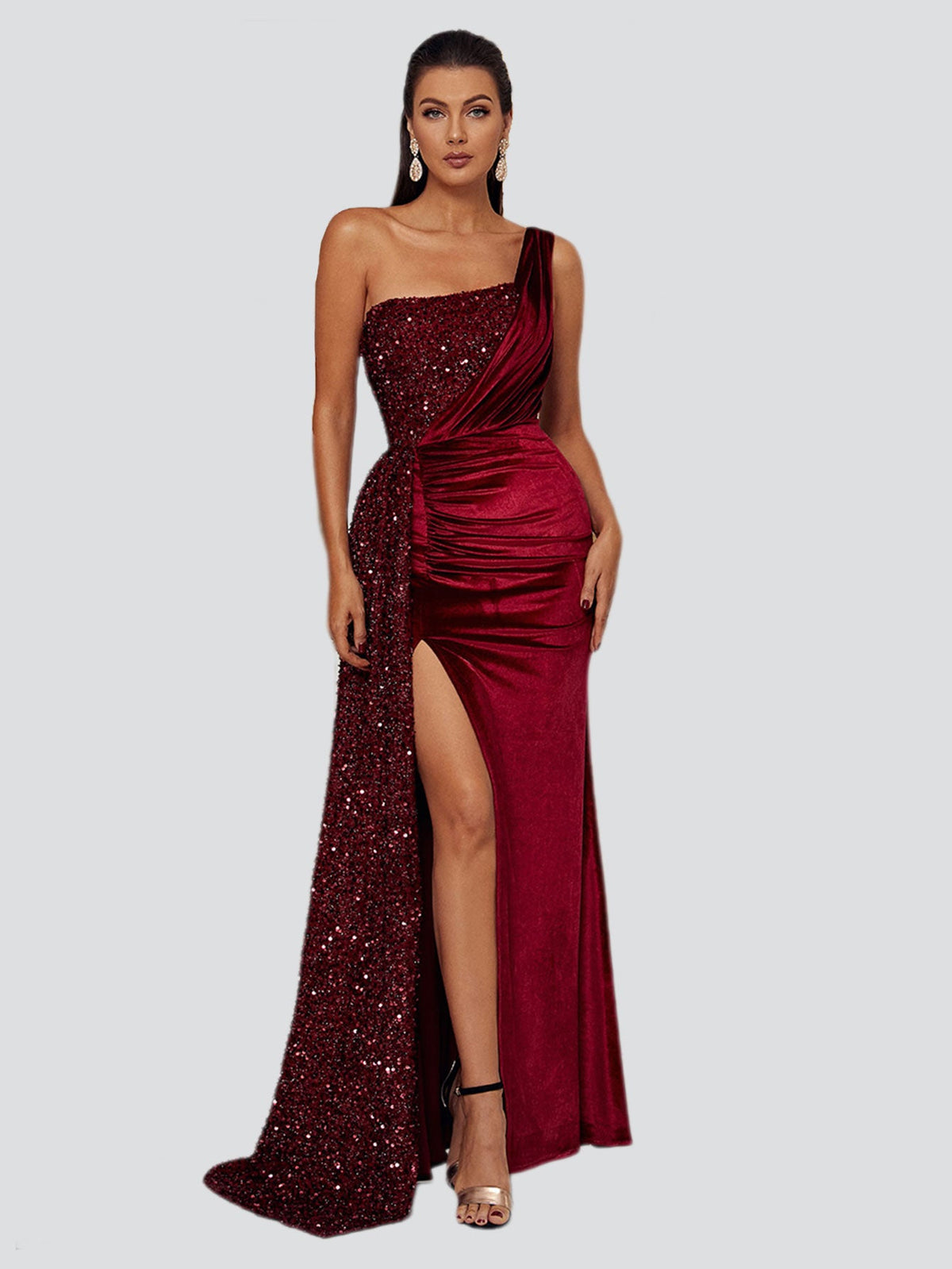 One Shoulder Velvet Split Thigh Prom Dress XH2356