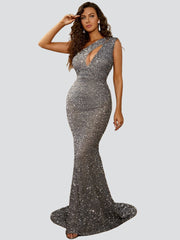 One Shoulder Cutout Sequin Maxi Evening Dress XJ1738