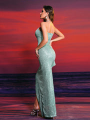 Asymmetric Ruffled Light Green Sequins Prom Dress XJ705