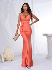 V-neck Ruffled Orange Maxi Dress RJ11246