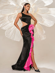 One Shoulder Ruffled Split Satin Dress DH80001