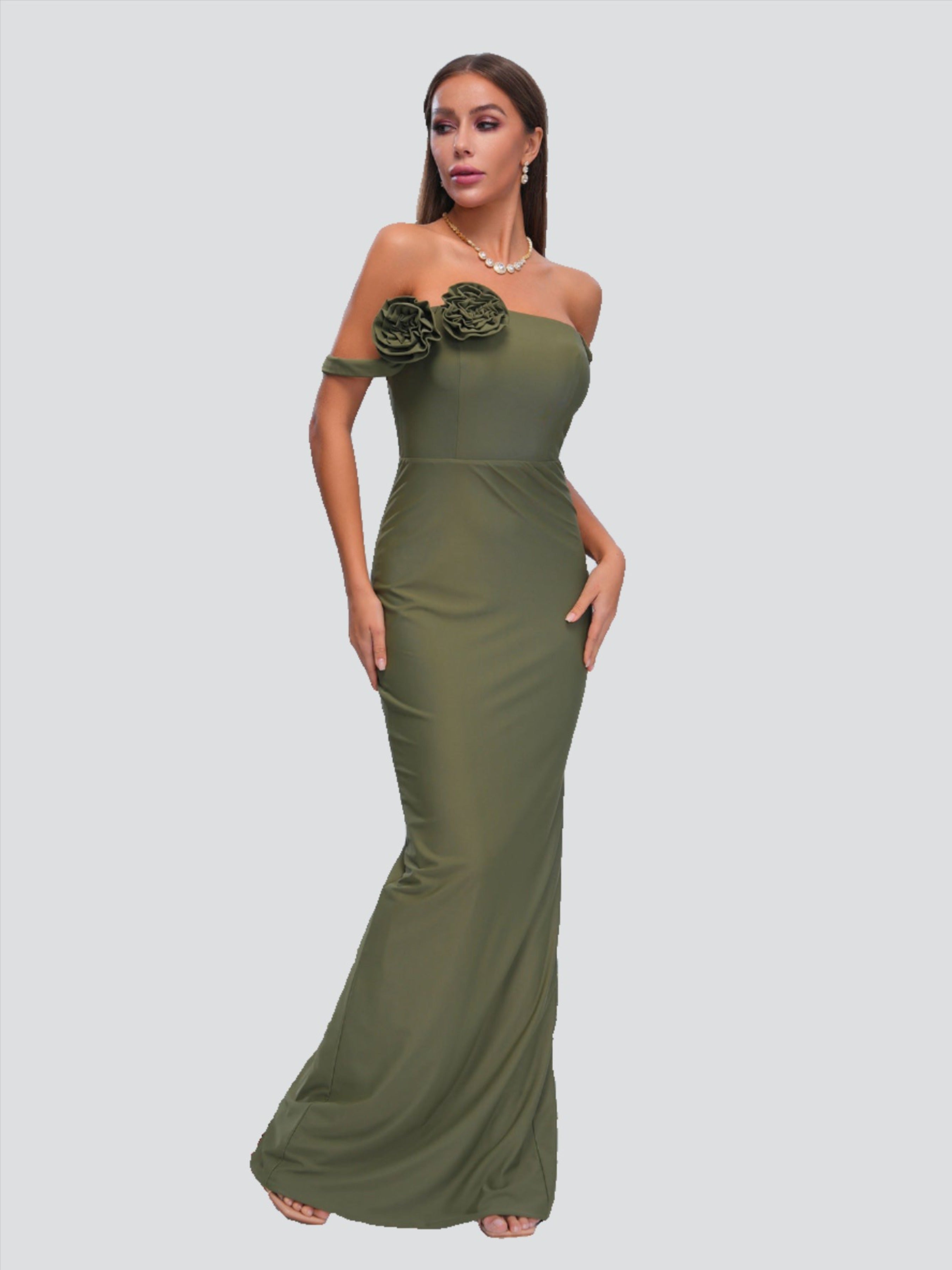 Off Shoulder Green Appliqued Split Dress RJ11434