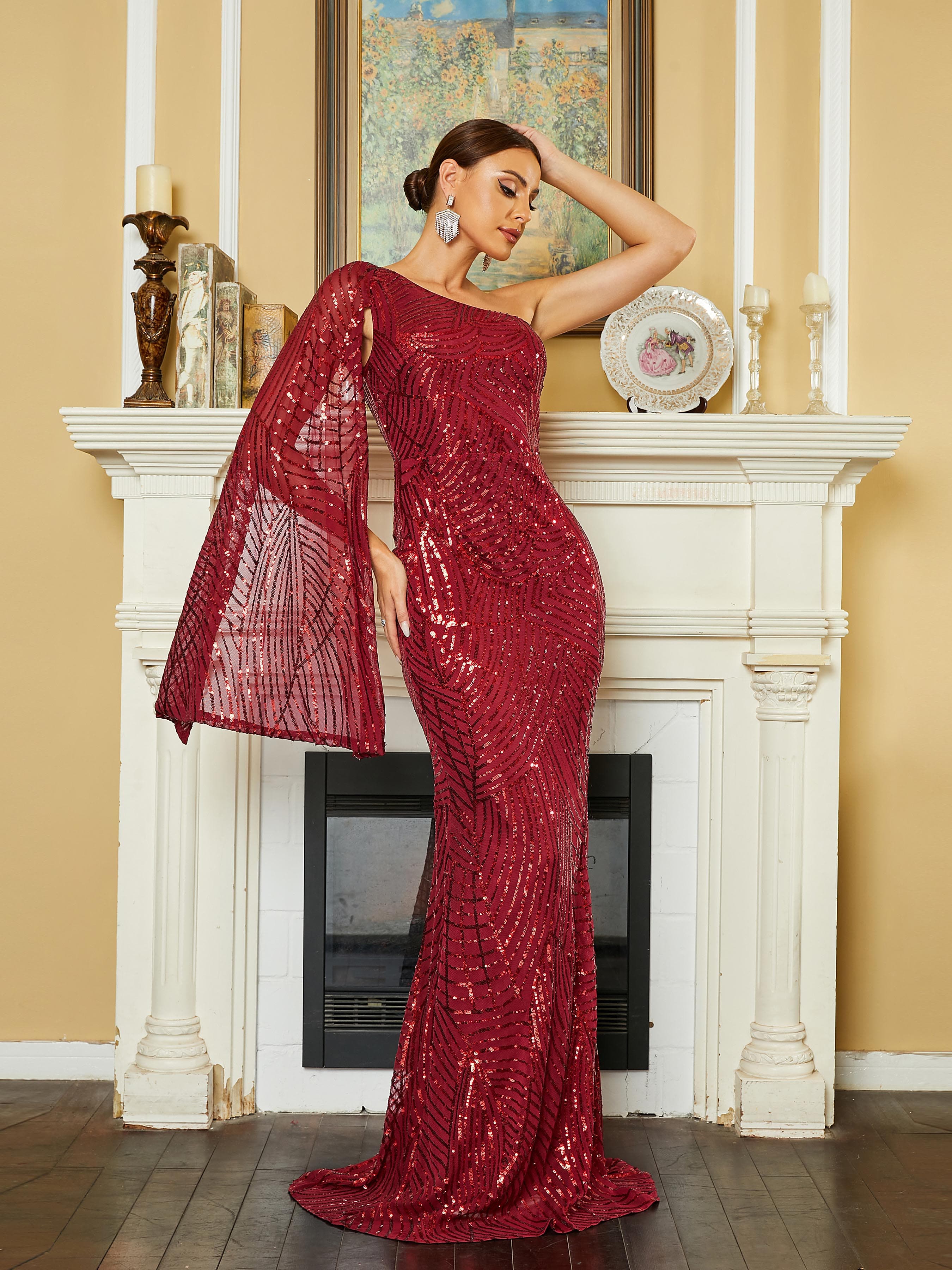 Cape Sleeve One Shoulder Mermaid Off Shoulder Evening Dress RM20448