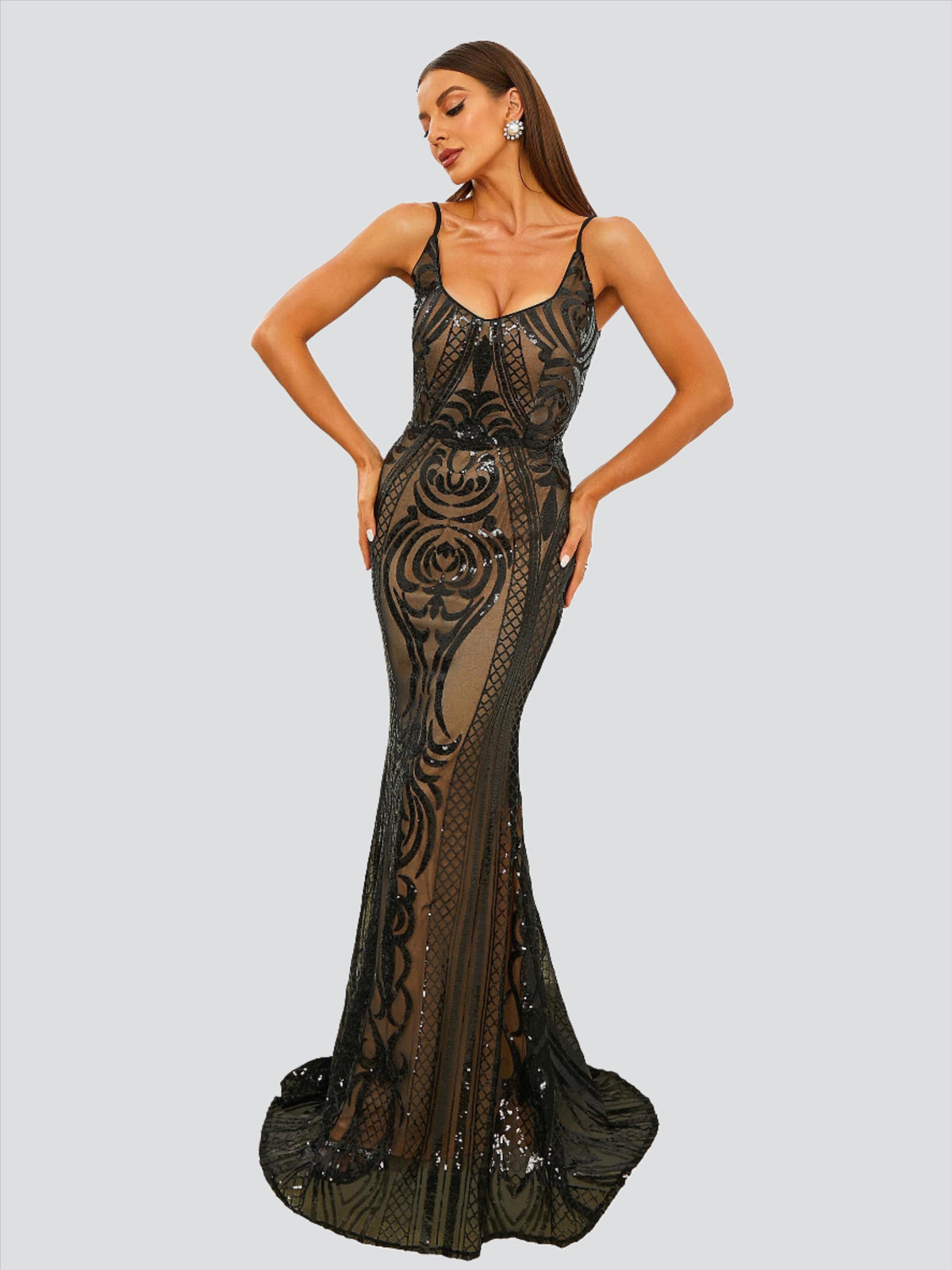 Spaghetti Strap Black Sequin Maxi Dress RM20710