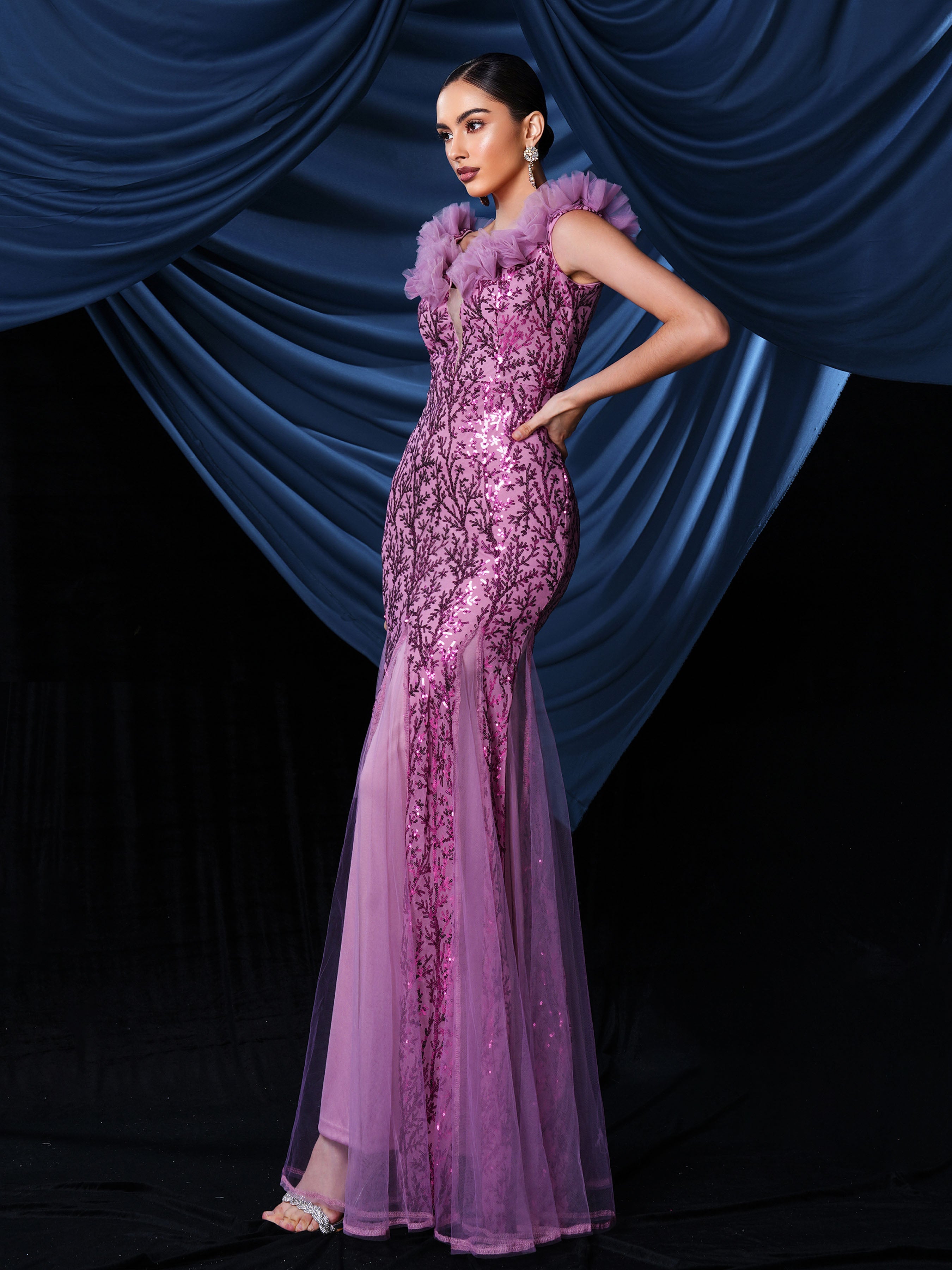 Sleeveless Sequin Panel Tulle Mermaid Dress RM20966