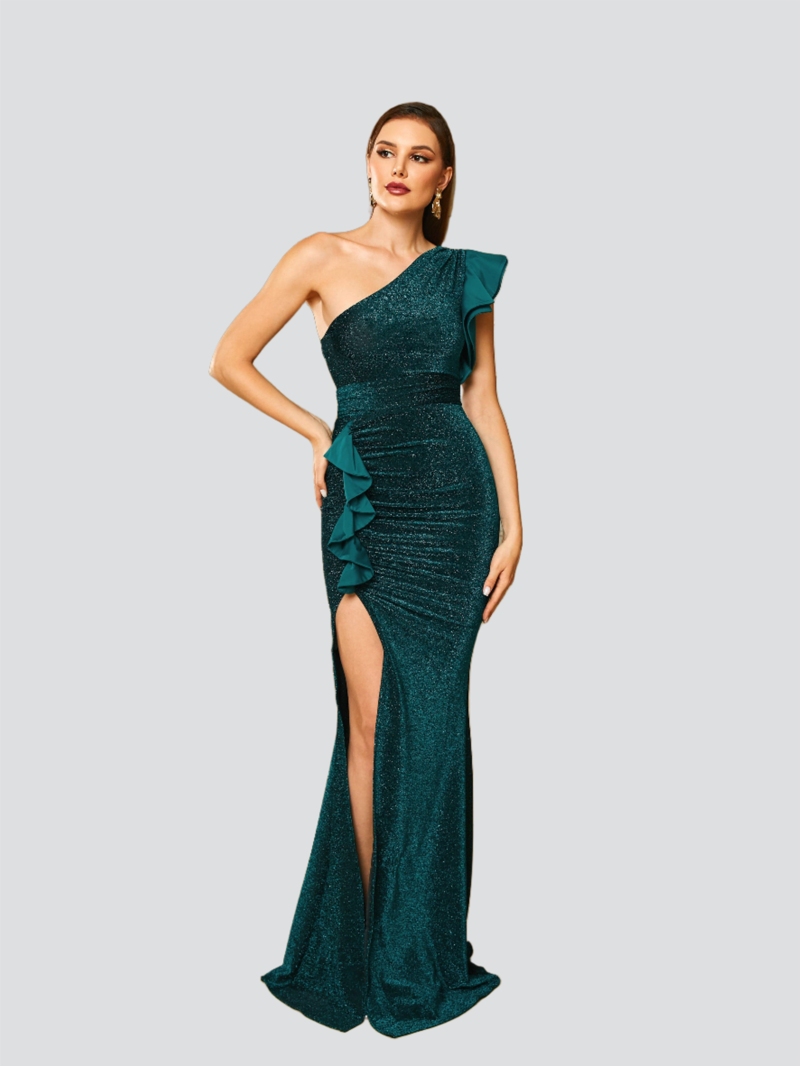 One Shoulder Ruffle Emerald Green Prom Dress RM20677