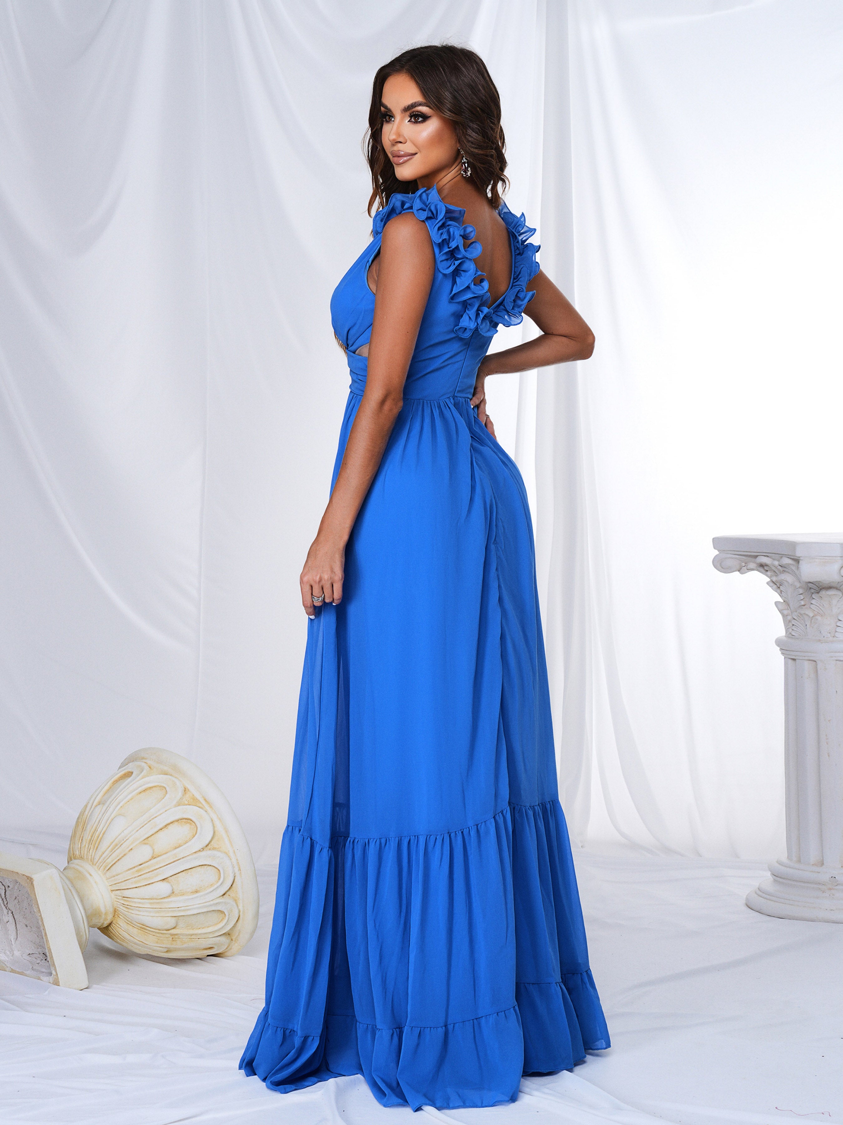 V-neck Ruched Blue Tulle Maxi Dress RM21494