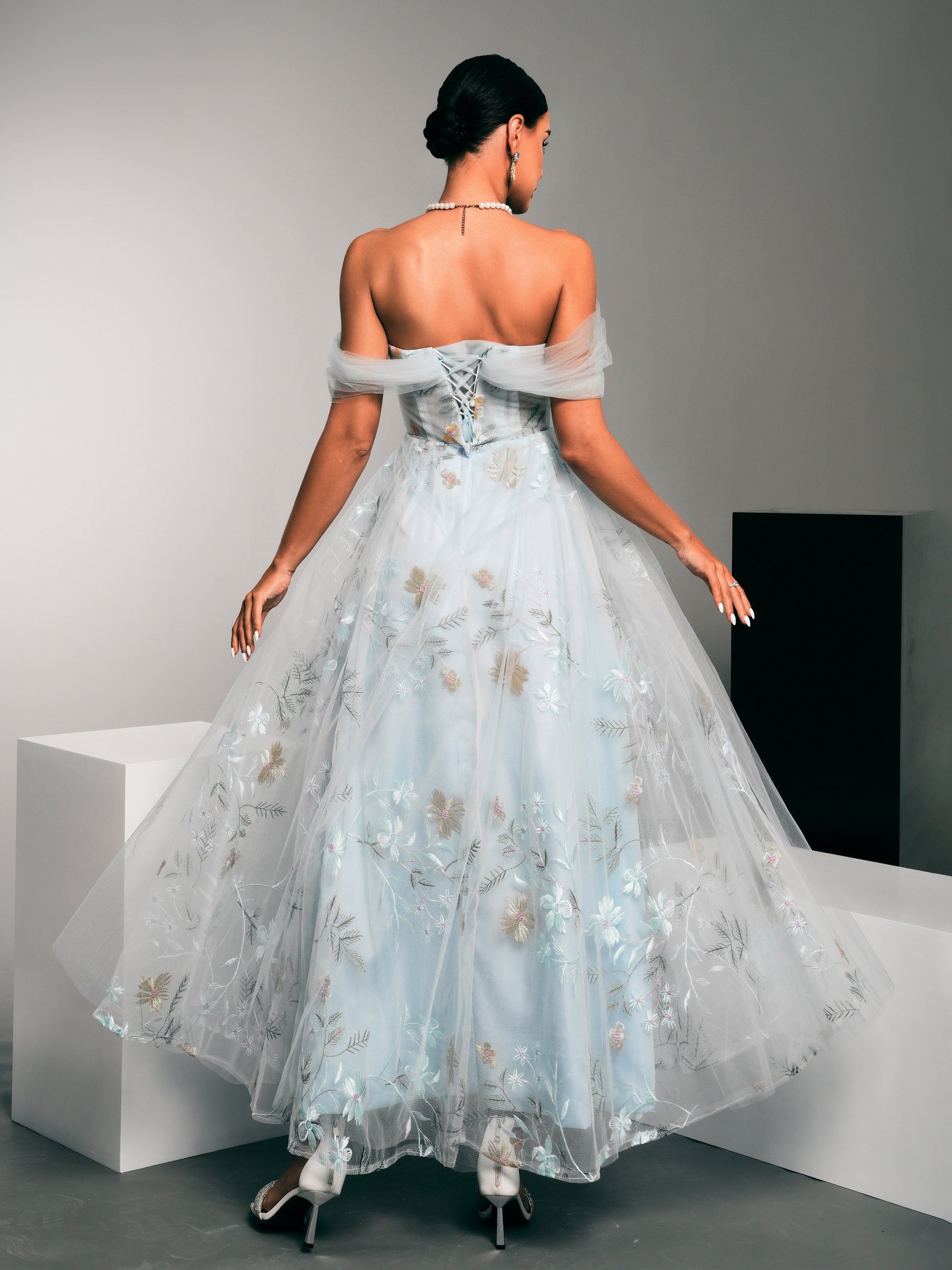 MISSORD Off Shoulder Embodied Floral Tulle Dress