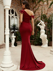 Ruffle Neck Floor Length Red Mermaid Prom Dress M02124