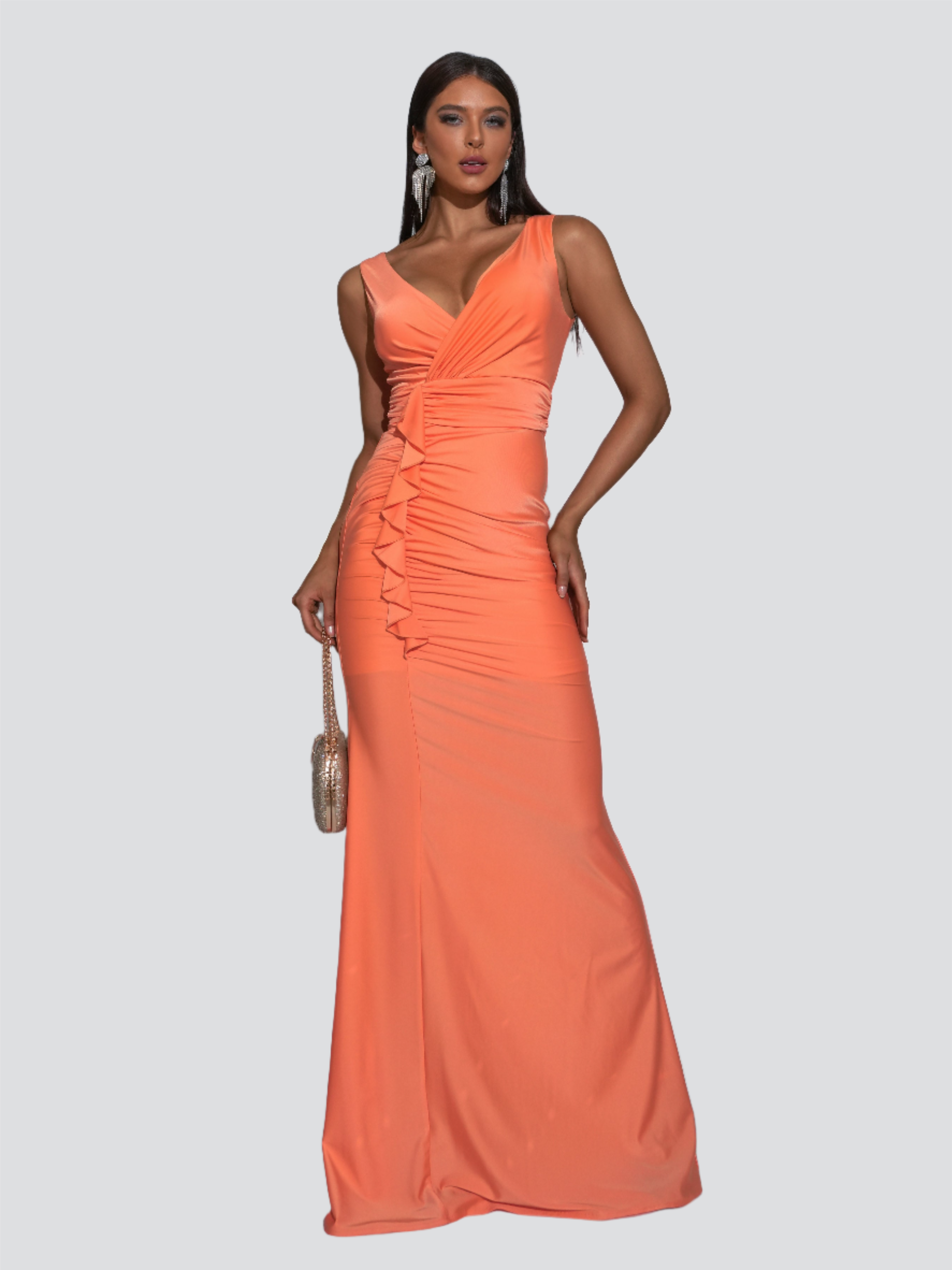 V-neck Ruffled Orange Maxi Dress RJ11246