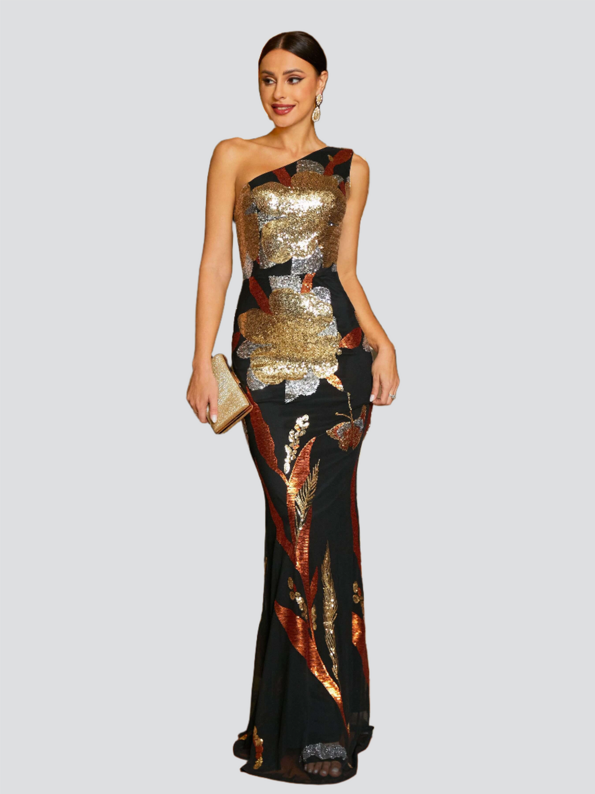 One Shoulder Floral Sequin Prom Dress RM20857