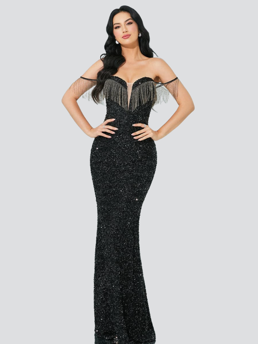 Mermaid Sequins Fringed Black Evening Dress XJ2613