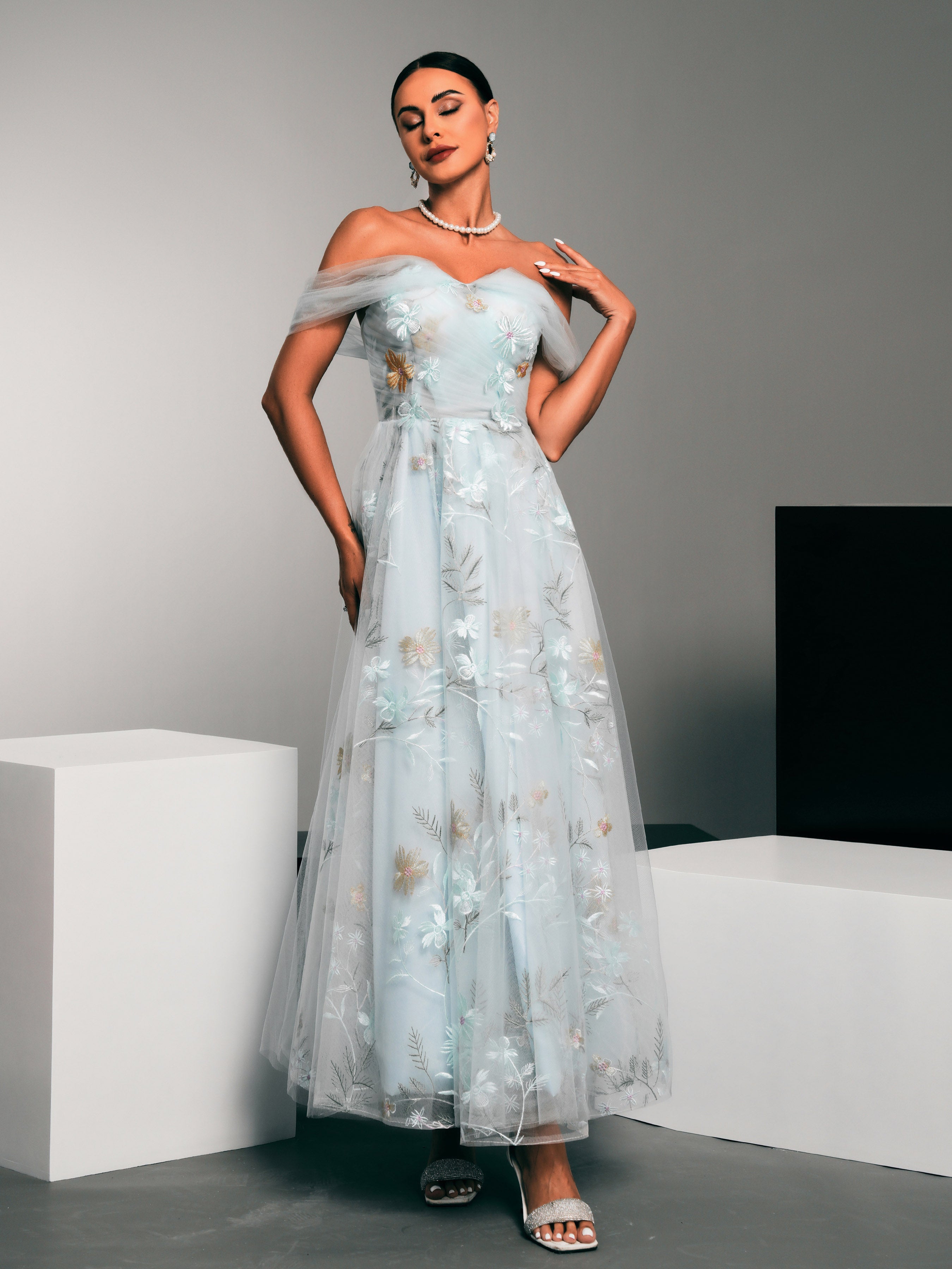 MISSORD Off Shoulder Embodied Floral Tulle Dress