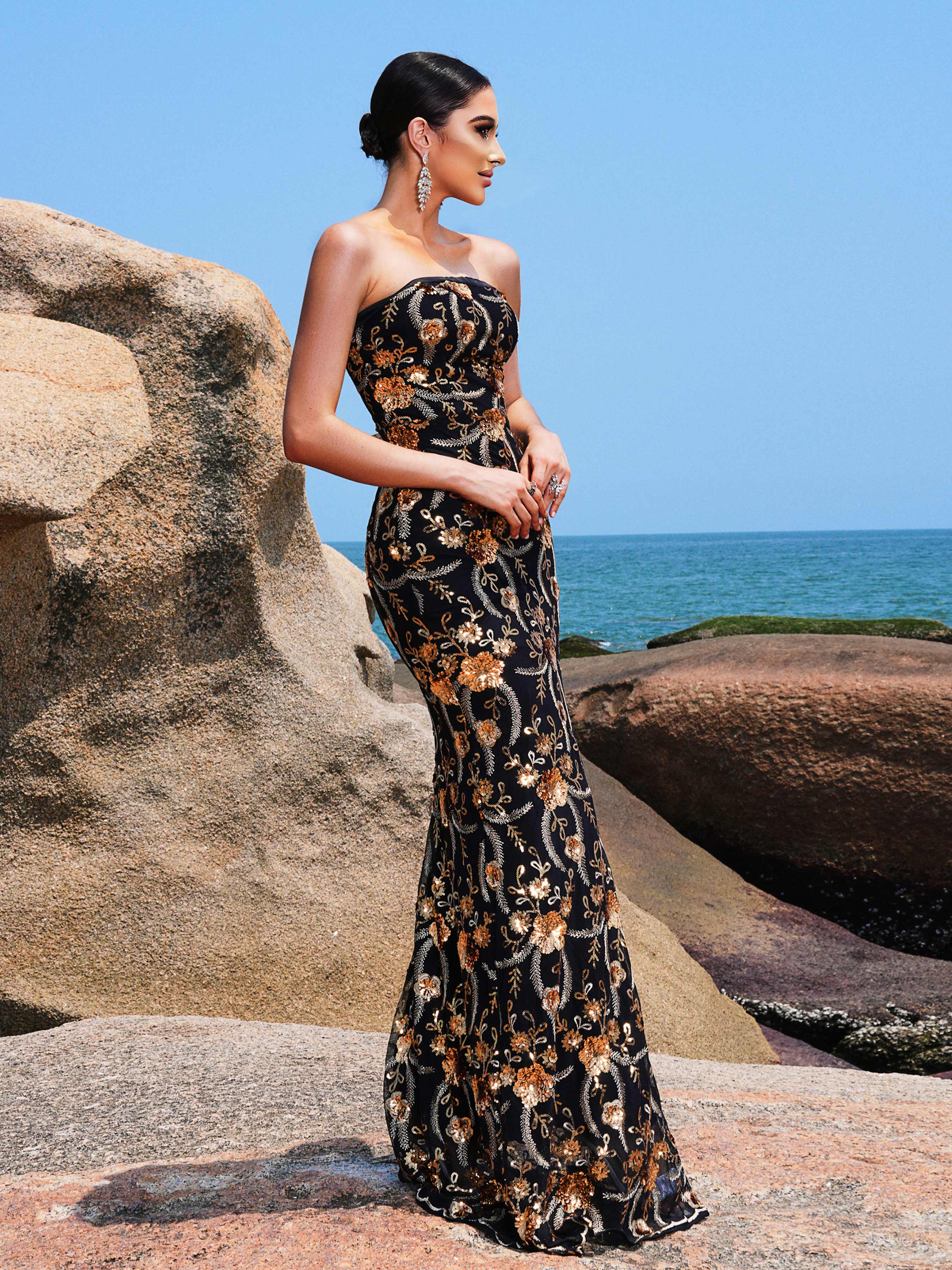 Strapless Embroidery Floral Evening Dress RH30932