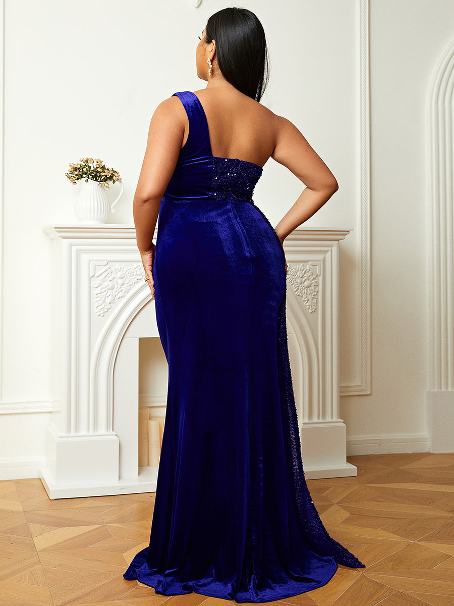 One Shoulder Velvet Split Thigh Prom Dress XH2356