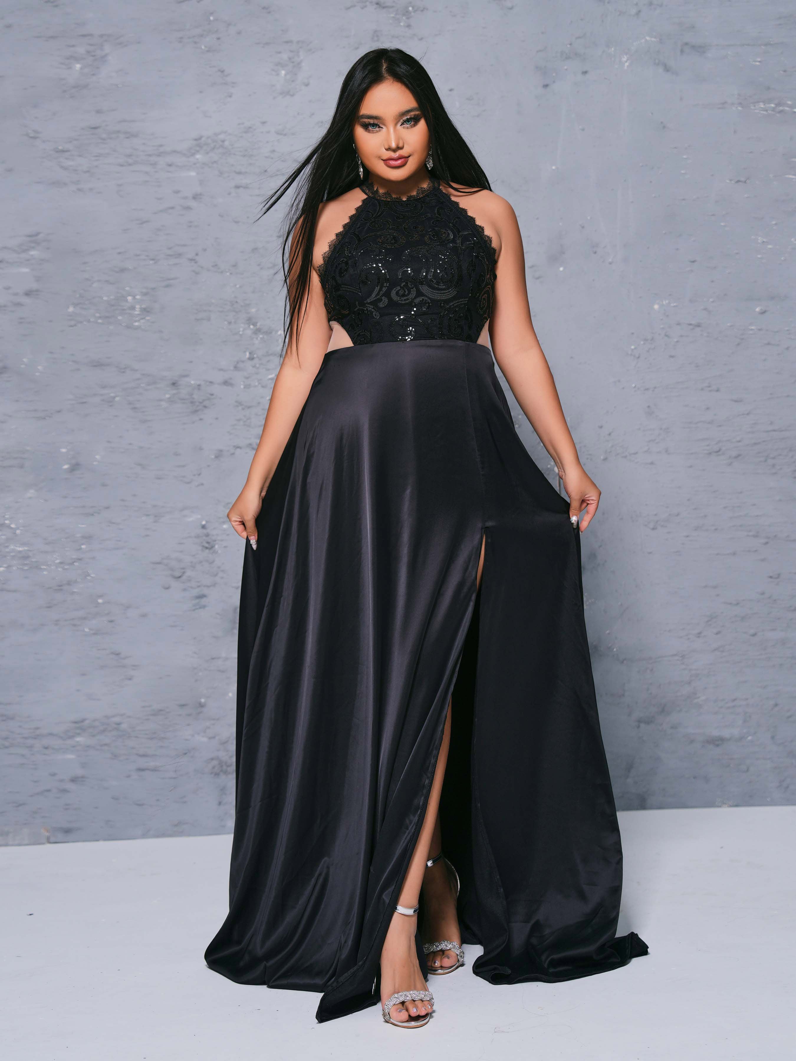 MISSORD Plus Size Cutout Halter Split Dress